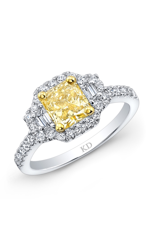 18KWY 3 STONE ENGAGEMENT RING WITH A FANCY LIGHT YELLOW 1.69CT RADIANT SET IN YG INSIDE A WHITE DIAM