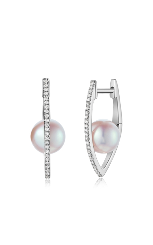 14KW FLOATING PEARL DIAMOND V HOOP EARRINGS, 48RDS=0.11CTW, 2PEARLS=2.00CTW, SNAPDOWN POSTS, 2.00g