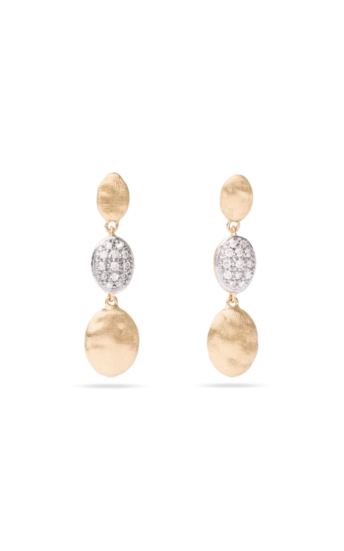 18KYWG DIAMOND 3 DROPS DANGLE SIVIGLIA EARRINGS ON POST. PAVEE DIAMONDS ON MIDDLE BEAN. DIA 0.20CTW