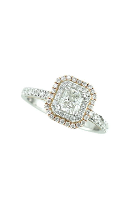 18KW/RG .50CT RADIANT CUT FOREVERMARK I, VS2 WITH DOUBLE ROW DIAMOND HALO. THE INNER ROW IN WG AND