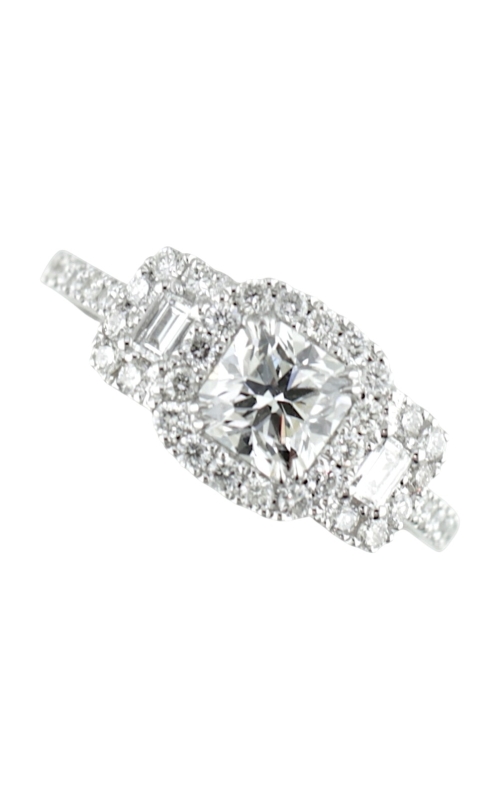 14KWG ENG RING .79CT IDEAL SQUARE RADIANT EGL CERT E, SI1 IN A 3 STONE HALO DESIGN WITH A BAGUETTE