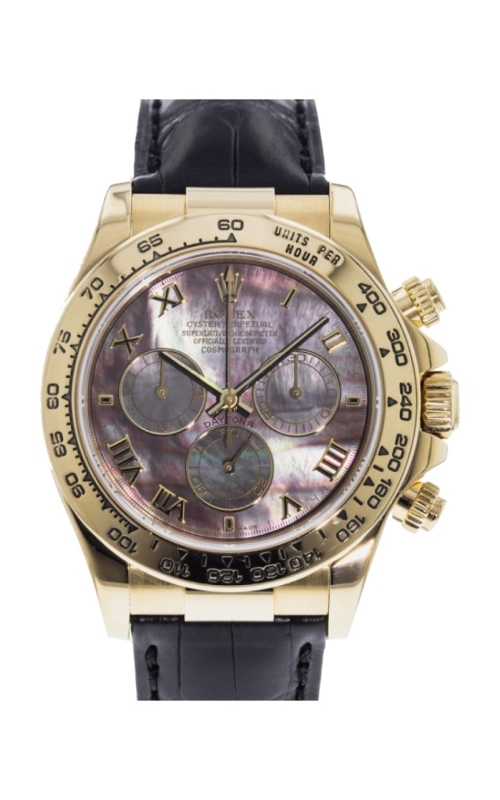 PRE-OWNED 18KY 40MM DAYTONA BLACK MOP DIAL YG BEZEL ON CROC LEATHER STRAP WITH FOLDING CLASP