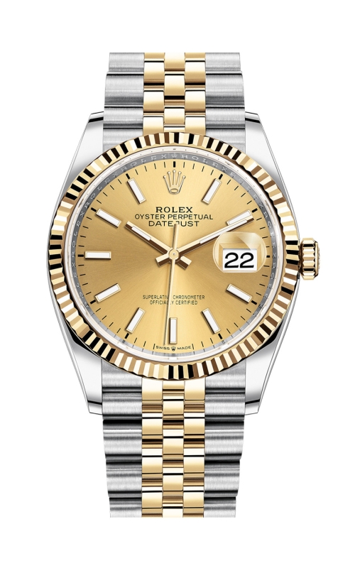 PRE-OWNED 18KY/SS 36MM DATEJUST, CHAMPAGNE DIAL, FLUTED BEZEL, WHITE HOUR MARKERS, JUBILEE BRACELET,
