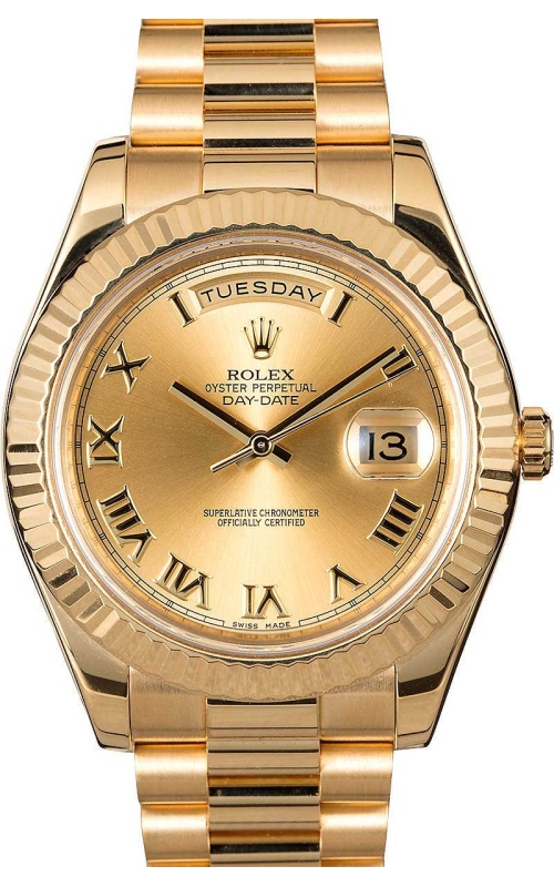 18KY 41MM PRE-OWNED DAYDATE II, CHAMPAGNE ROMAN DIAL, FLUTED BEZEL PRESIDENT BRACELET, UNWORN, BOX +