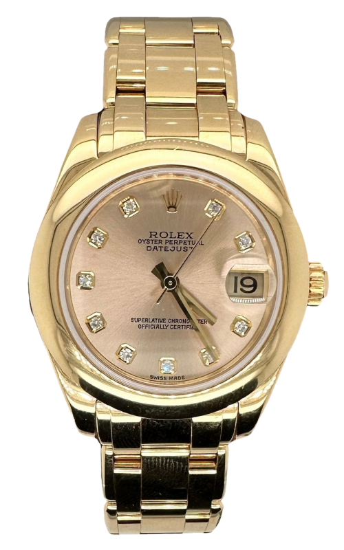 PRE-OWNED 18KY 34MM PEARLMASTER SUNDUST DIAMOND DIAL SMOOTH BEZEL PEARLMASTER BRACELET S# F329257 WI