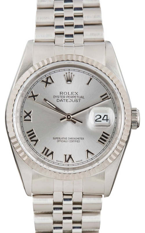 PRE-OWNED 18KWG/SS 36MM DATEJUST, SILVER DIAL RHODIUM ROMAN NUMERALS, JUBILEE BRACELET. NO B/P SERIA