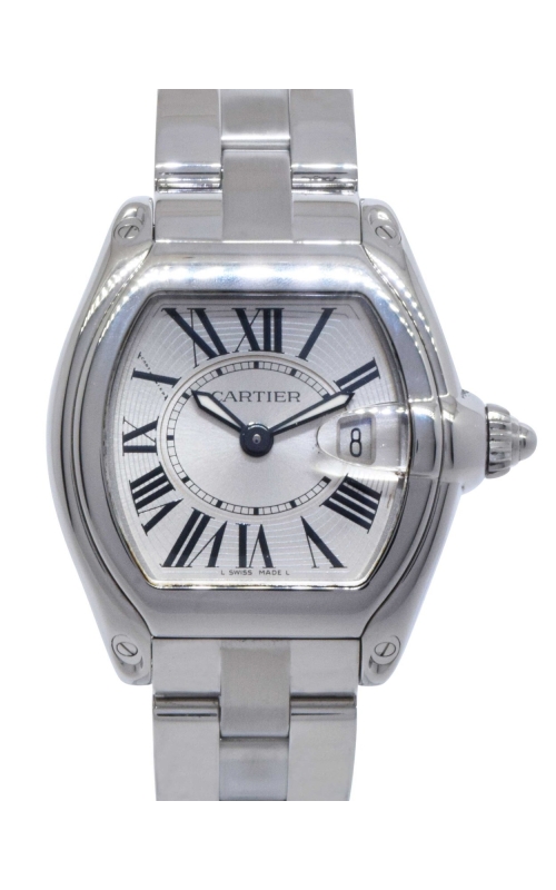 **PREOWNED** SS CARTIER ROADSTER SILVER ROMAN DIAL, SMALL SIZE, DATE APERTURE, SS BRACELET