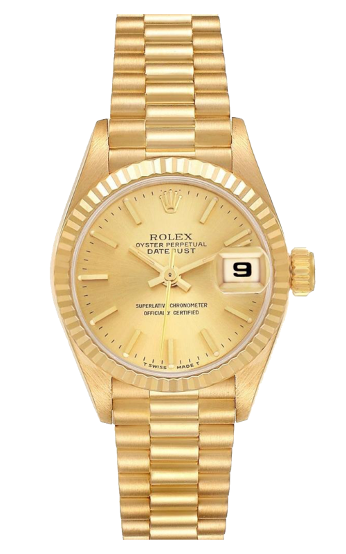 26MM PREOWNED 18KY DATEJUST CHAMPAGNE INDEX DIAL FLUTED BEZEL PRESIDENT BRACELET S#8135855 CIRCA 198