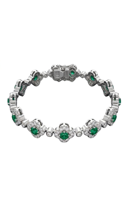14KWG EMERALD AND DIAMOND CLOVER LINK BRACELET WITH A ROUND EMEERALD SET IN 4 PRONGS IN THE CENTER