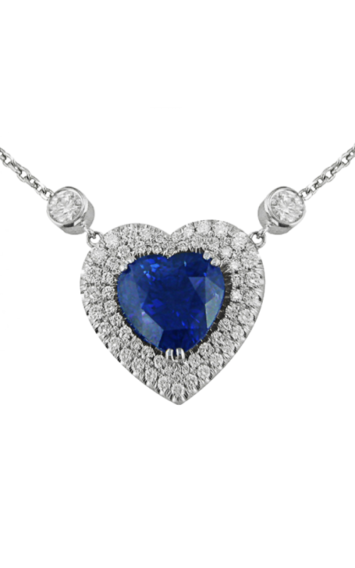 18KWG 3.82CT HEART SHAPE BLUE SAPPHIRE WITH DOUBLE ROW FRENCH PAVEE BORDER SUSPENDED ON A FINE ROLO