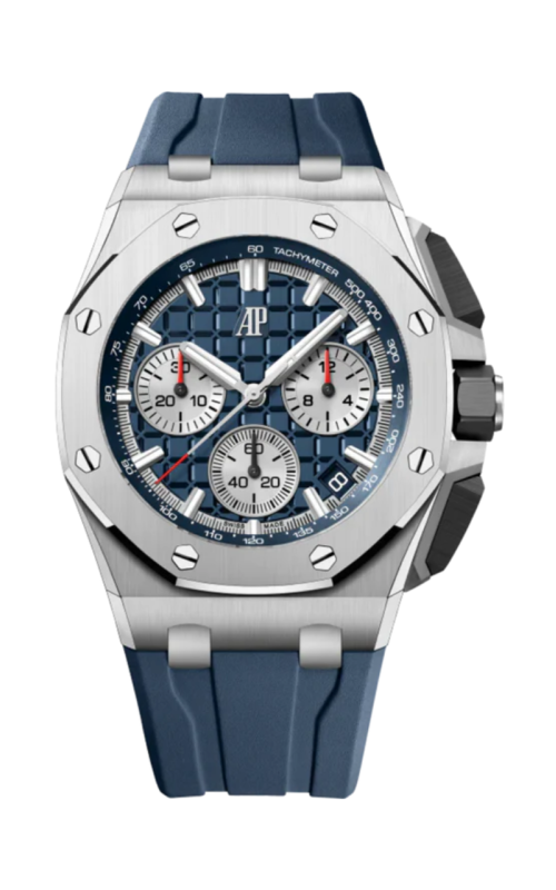 TITANIUM AS NEW/UNWORN 42MM AUDEMARS PIGUET ROYAL OAK OFFSHORE CHRONO, BLUE DIAL, BLUE RUBBER STRAP.