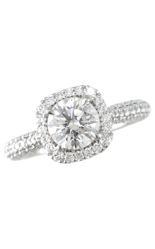 18KWG ENGAGEMENT RING, CATHEDRAL SETTING WITH 0.68CTW DIAMOND HALO AND DIAMONDS HALFWAY DOWN SHANK