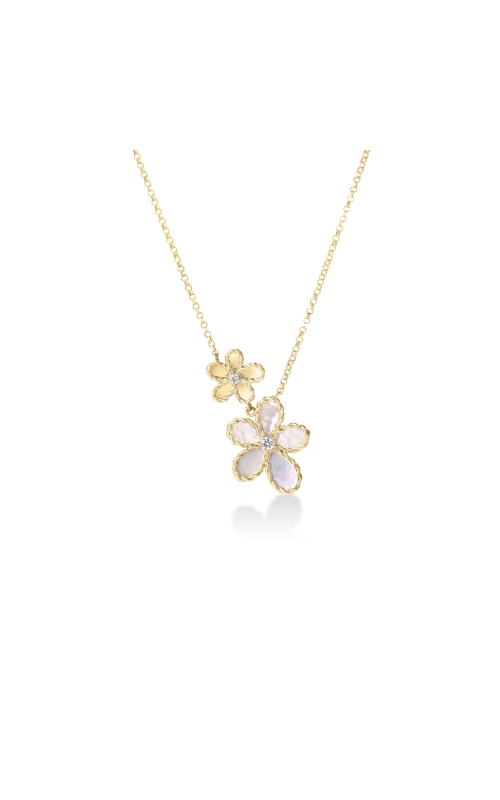 18KYG MOTHER OF PEARL JASMINE NECKLACE. DIA 0.04CTW 17 CHAIN, SMALL FLOWER 10MM LARGE FLOWER 16MM