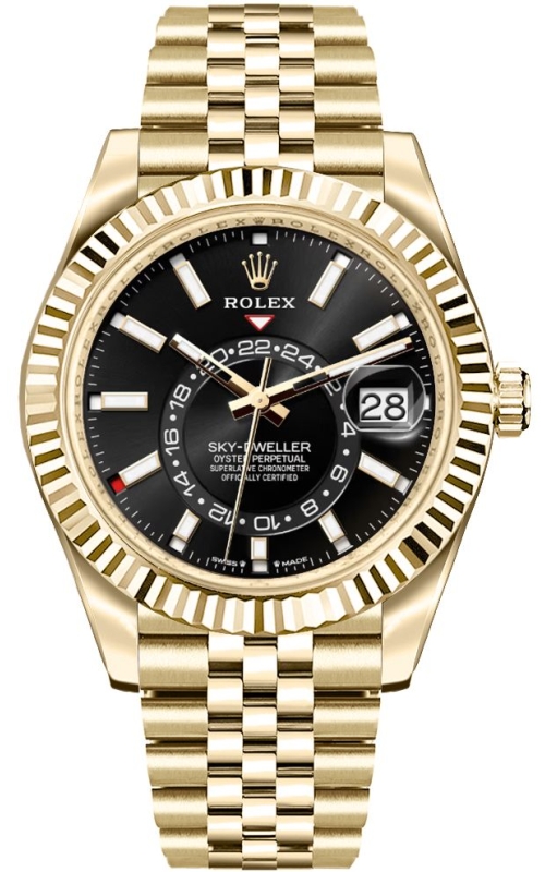 18KY 42MM SKY-DWELLER, BRIGHT BLACK DIAL, WHITE LETTERING, JUBILEE BRACELET