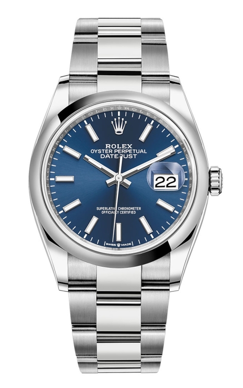 36MM SS DATEJUST, BRIGHT BLUE DIAL, WHITE INDEX MARKERS, OYSTER BRACELET