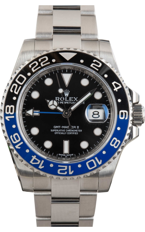PRE-OWNED 40MM SS GMT-MASTER II BATMAN, BLACK DIAL LUMINOUS HOUR MARKERS, BLACK AND BLUE BEZEL, OY