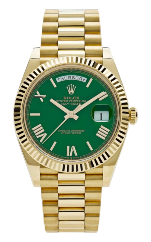 40MM 18KT YG ROLEX DAY DATE PRESIDENT WITH GREEN ROMAN DIAL. NEW UNWORN MODEL #228238 SERIAL #5L27K5