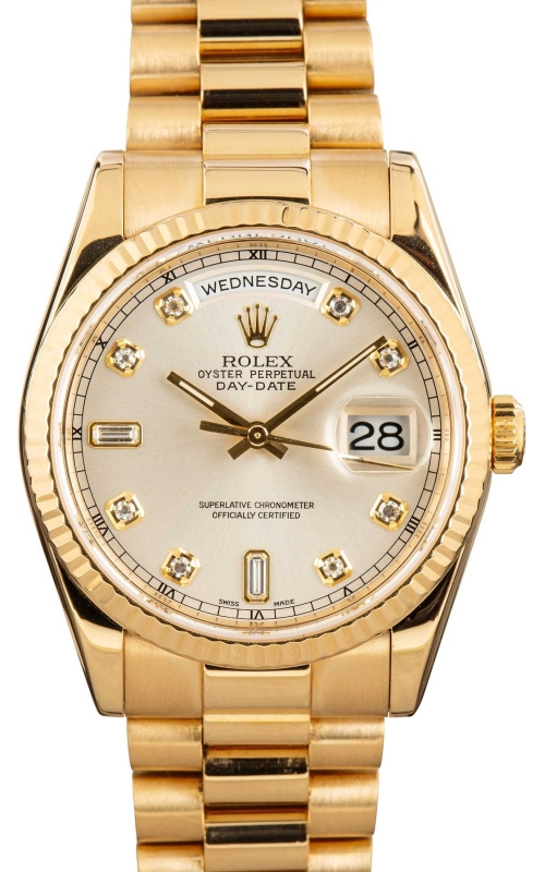36MM PREOWNED YG ROLEX DAY DATE PRESIDENT WITH FACTORY DIAMOND DIAL. MODEL#118238 SERIAL #Y212359