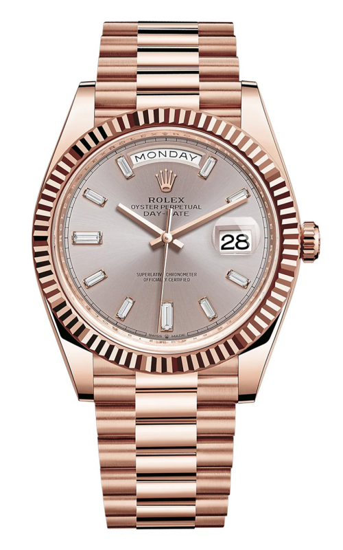 40MM PREOWNED 18KR ROLEX DAY DATE PRESIDENT WITH BAGUETTE DIAMOND DIAL MODEL #228235 SERIAL# 7151939