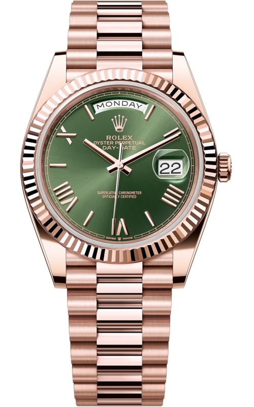 40MM 18KR DAY-DATE GREEN ROMAN/INDEX DIAL FLUTED BEZEL PRESIDENTS BRACELET