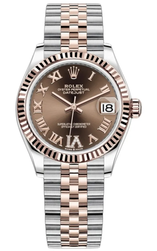 18KR/SS 31MM LADIES-DATEJUST, CHOCOLATE ROMAN DIAMOND DIAL, 11BR, FLUTED BEZEL, ROLESOR JUBILEE BRAC