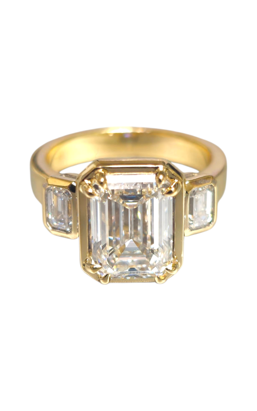 14KY 4.03 CT LAB GROWN EMERALD CUT 3 STONE DIAMOND ENGAGEMENT RING, HIGH POLISH BAND, BEZEL WITH DOU