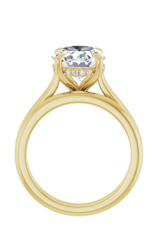 14K YG OVAL SOLITAIRE ENGAGEMENT RING FOR AN 11 X 9 MM STONE WITH A CATHEDRAL SETTING, (18) STONE HI