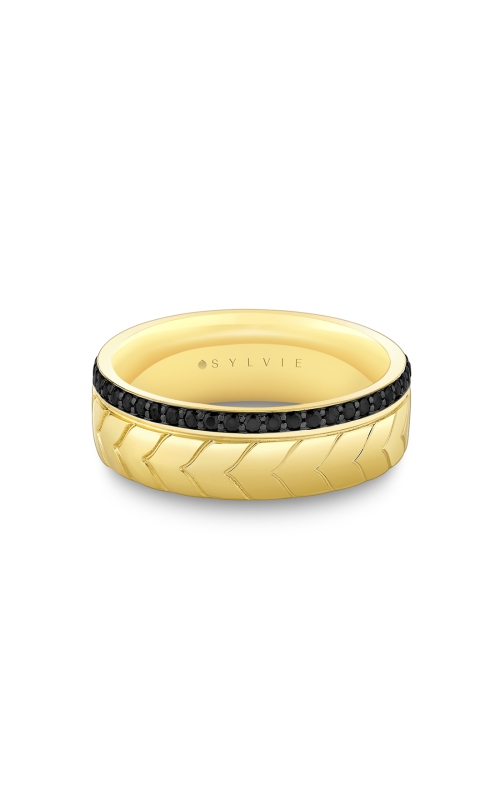 14KY BLACK DIAMOND WEDDING BAND, YELLOW POLISHED APEX DESIGN, BLACK DIAMOND EDGE, 48 RDS = 0.49CTS,