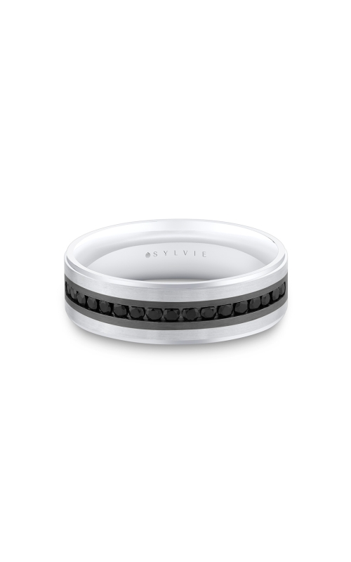 14KW BLACK DIAMOND WEDDING BAND, WHITE AND GREY BRUSHED CENTER, POLISHED EDGES, BLACK DIAMOND BAND 1