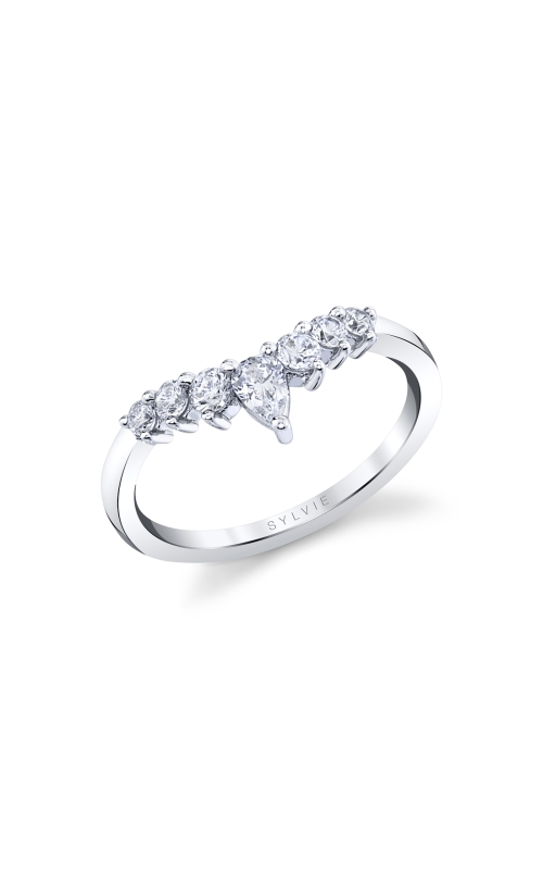 14KW 0.45CTW DIAMOND GRADUATED TIARA WEDDING BAND WITH 1 CENTER PEAR SHAPED DIA AND 6 ROUNDS ON A FL