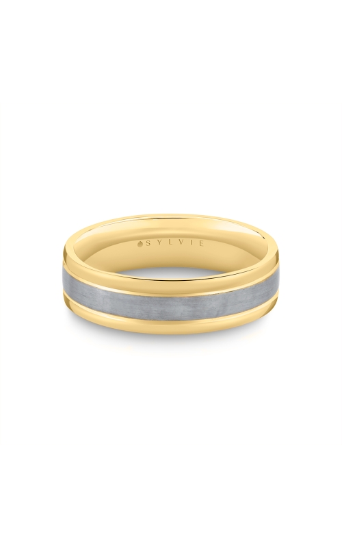 14KY/GG WEDDING BAND, BRUSHED CENTER, GROOVE LINE, POLISHED EDGES 6MM SIZE 10