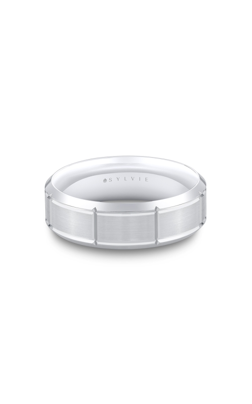 14KW WEDDING BAND, BRUSHED CENTER, DOUBLE GROOVE LINE CROSS SECTIONS, POLISHED BEVELED EDGE, SIZE 10