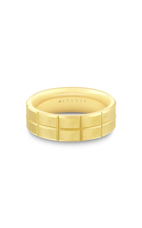 14KY WEDDING BAND, BRUSHED CENTER GROOVE LINE WITH CROSS SECTIONS, SIZE 10 7MM