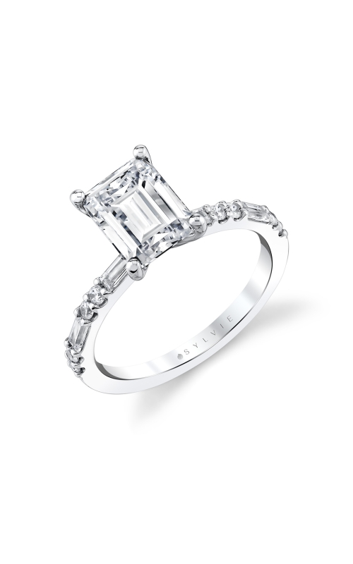 14KW TESSA ENGAGEMENT RING, 1/2 ETERNITY BAND 12 PCS = 0.32CTW, 2CT EMERALD CZ 3.5 X 1.5MM, SIZE 6.5