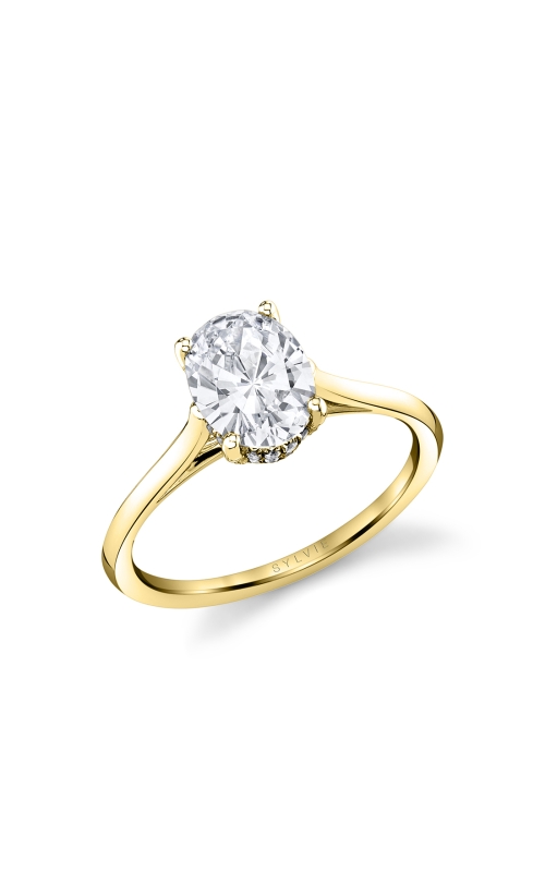 14KY 0.14CTW DIAMOND ENGAGEMENT RING WITH A DOUBLE HIDDEN HALO AND HIGH POLISH CATHEDRAL SHANKS OVER