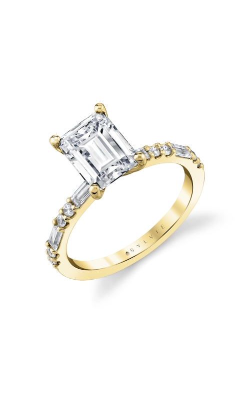 14KY TESSA ENGAGEMENT RING, 1/2 ETERNITY BAND 12 PCS = 0.32CTW, 2CT EMERALD CZ 3.5 X 1.5MM, SIZE 6.5