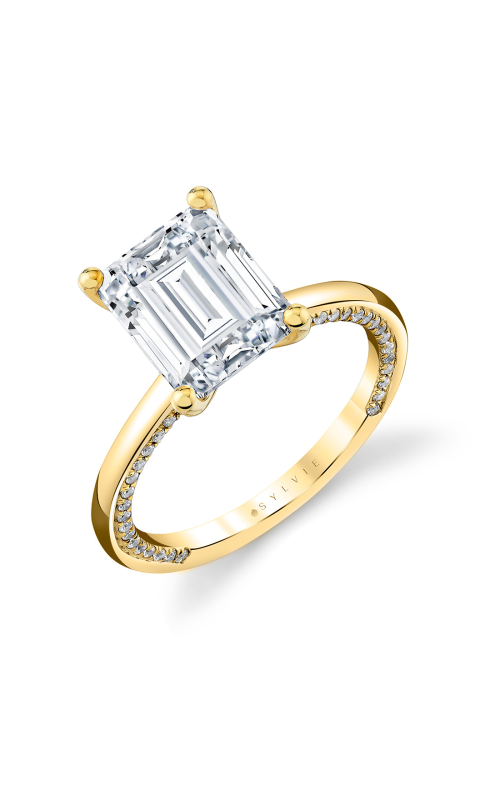 14KY 4-PRONG ENGAGEMENT RING, PAVE SIDES 78 RDS = 0.30CTW, 2.5CT CENTER EMERALD CZ, SIZE 6.5