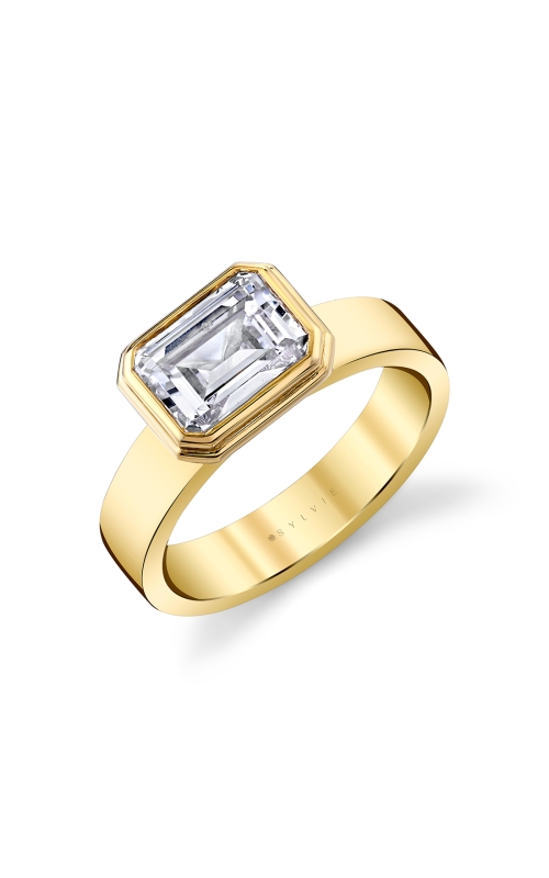 14KY BEZEL SET SOLITAIRE EAST-WEST EMERALD ENGAGEMENT RING, 2CT CENTER EMERALD CZ, SIZE 6.5