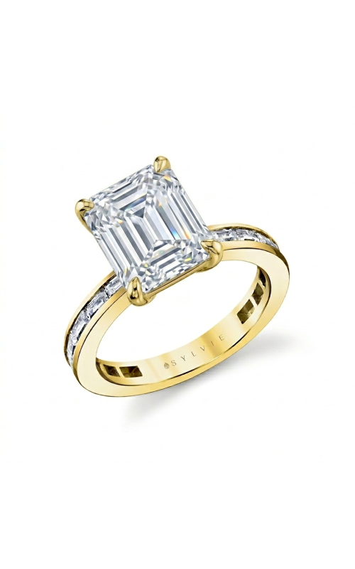 14KY 4-PRONG 3/4 ETERNITY ENGAGEMENT RING, 16PCS=0.85CTW, 2CT CENTER EMERALD CZ, SIZE 6.5