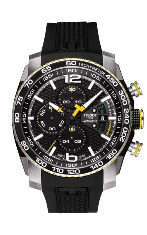 SS TISSOT PRS516 BLACK STICK ARABIC CHRONO TACHYMETER BLACK BEZEL WITH BLACK AND YELLOW RUBBER STRAP