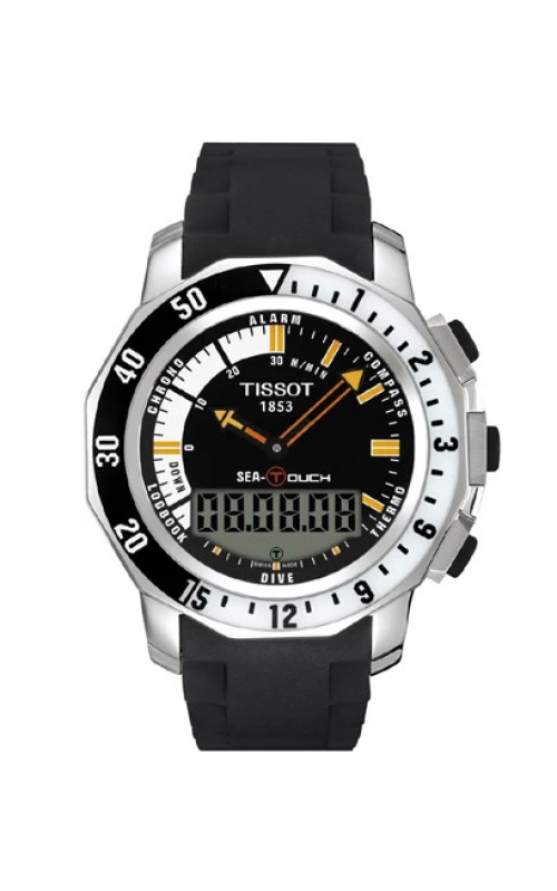 44MM SS TISSOT SEA-TOUCH, BLACK DIAL W/ ORANGE HANDS AND STICK MARKERS, RUBBER DEPLOYANT BRACELET.