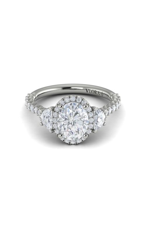 14KW ENGAGEMENT RING, CATHEDRAL STYLE 3 STONE RING, CENTER HALO, 2 TAPERED SIDE STONES=0.30CTW, CZ C