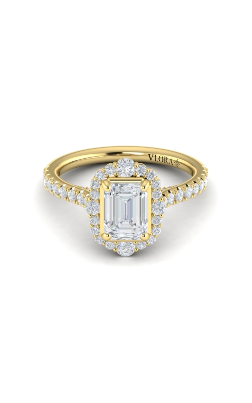 14KW HALO SET ENGAGEMENT RING, 58RDS=0.80CTW HALFWAY ETERNITY, EMERALD CUT CZ CNTR STONE