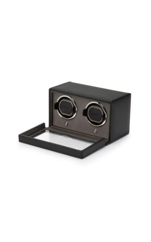 BLACK CUB WINDER WITH COVER. BLACK SAFFIANO FINISH, GLASS COVER, BLACK GROSGRAIN FACEPLATE, CHROME