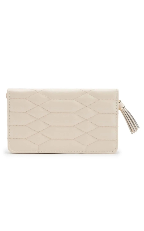 IVORY CAROLINE JEWELRY TRAVEL PORTFOLIO. WITH 13 EARRING HOLES, 1 RING ROLL, 2 COMPARTMENTS AND 4 NE