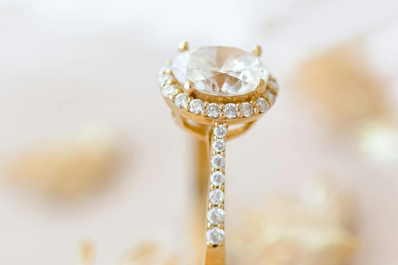 Close up picture of a halo engagement ring